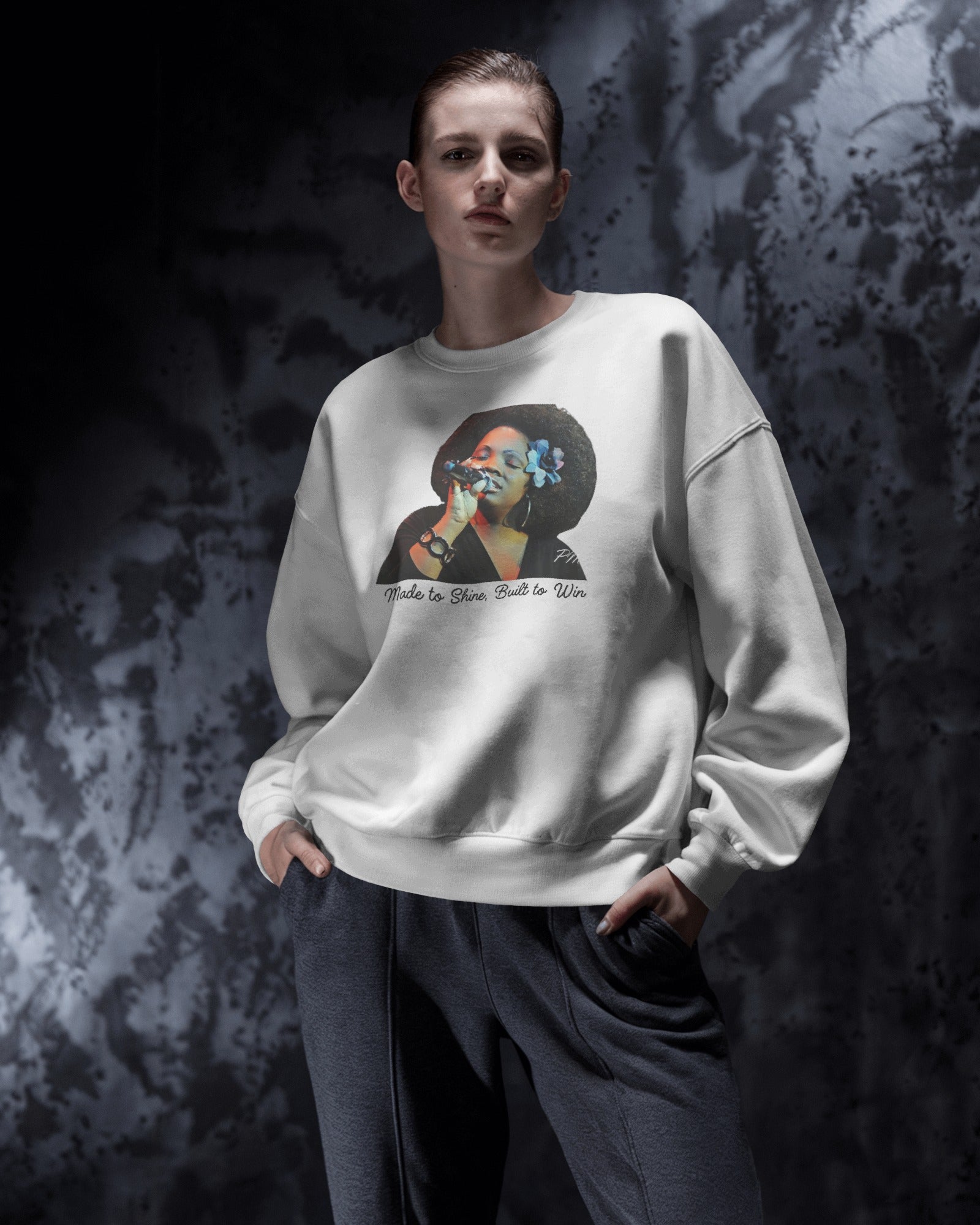 Inspirational Crewneck Sweatshirt – 'Made to Shine, Built to Win' Motivational Fleece Pullover